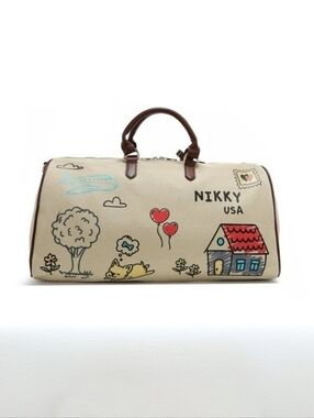 Nikky USA Canvas Duffle Bag - Cream with Multicolor Illustrations